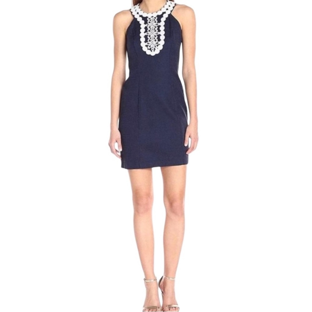 Just Taylor Navy Blue dress with white appliqué neckline